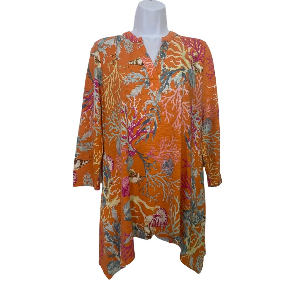 Chico's Orange Coral Seashell Print Tunic Top Cotton Modal Split Neck Size 1